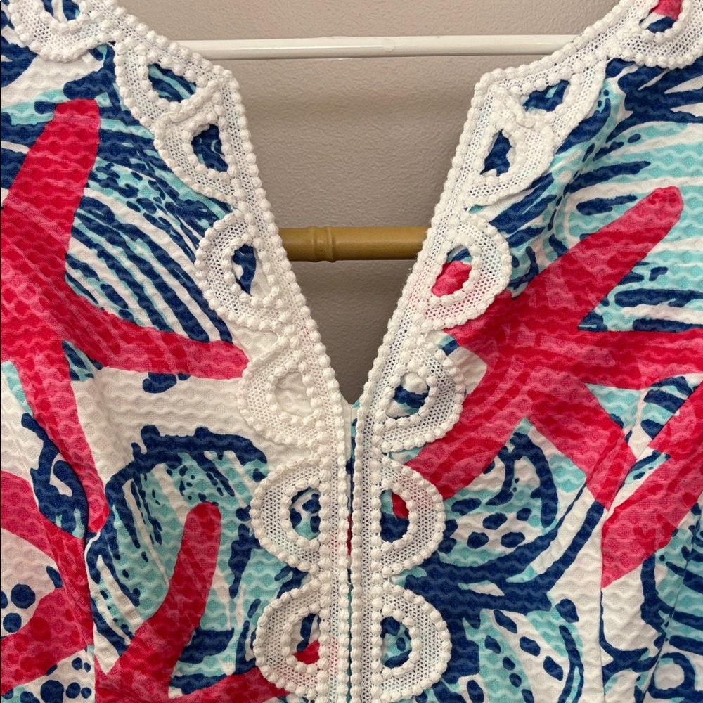 Excellent condition! Rare, Lilly Pulitzer Coral, Navy & Aqua Print Shift Dress - Picture 5 of 8